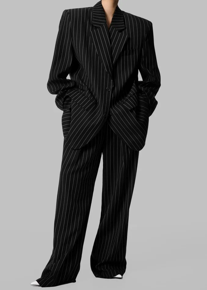 The Frankie Shop Outerwear Holland Padded Shoulder Blazer 8211 BlackWhite Pinstripe 8211 Women