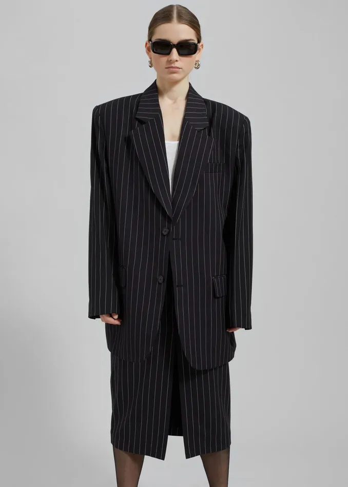 The Frankie Shop Outerwear Holland Padded Shoulder Blazer 8211 BlackWhite Pinstripe 8211 Women