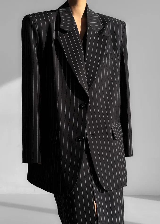 The Frankie Shop Outerwear Holland Padded Shoulder Blazer 8211 BlackWhite Pinstripe 8211 Women