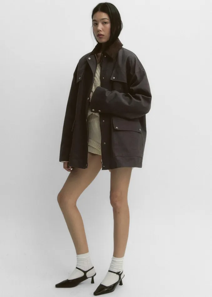 The Frankie Shop Outerwear Stevan Contrast Collar Cargo Jacket 8211 Charcoal 8211 Women