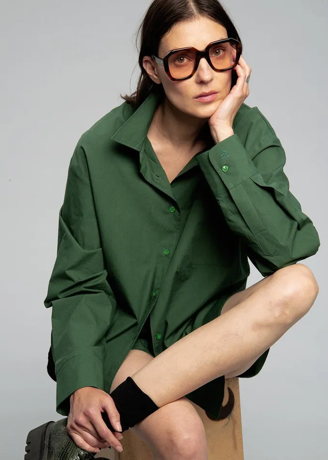 The Frankie Shop Tops Lui Organic Cotton Shirt 8211 Hunter Green 8211 Women