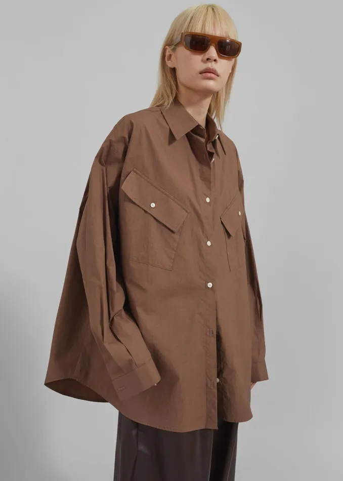 The Frankie Shop Tops Marin Button Up Utility Shirt 8211 Brown 8211 Women