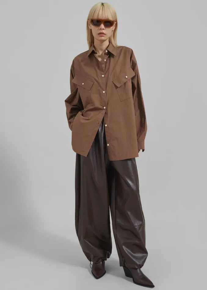 The Frankie Shop Tops Marin Button Up Utility Shirt 8211 Brown 8211 Women