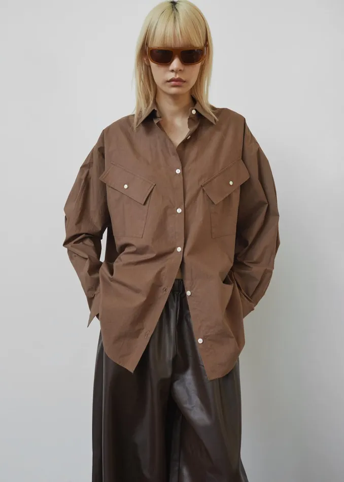 The Frankie Shop Tops Marin Button Up Utility Shirt 8211 Brown 8211 Women