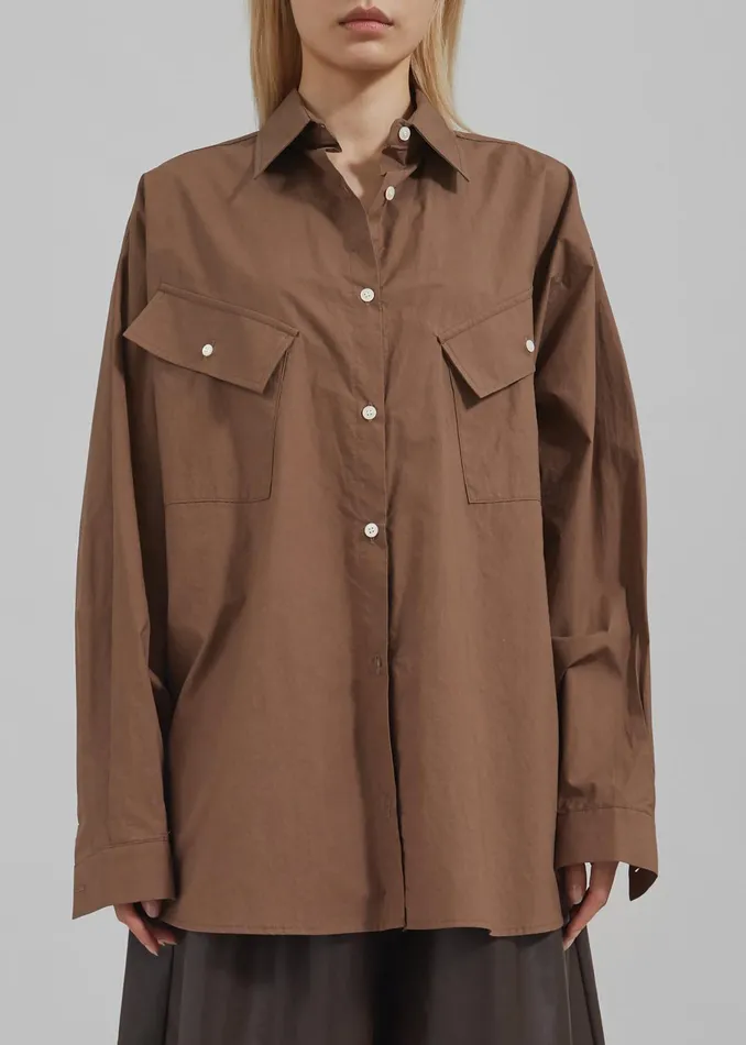 The Frankie Shop Tops Marin Button Up Utility Shirt 8211 Brown 8211 Women