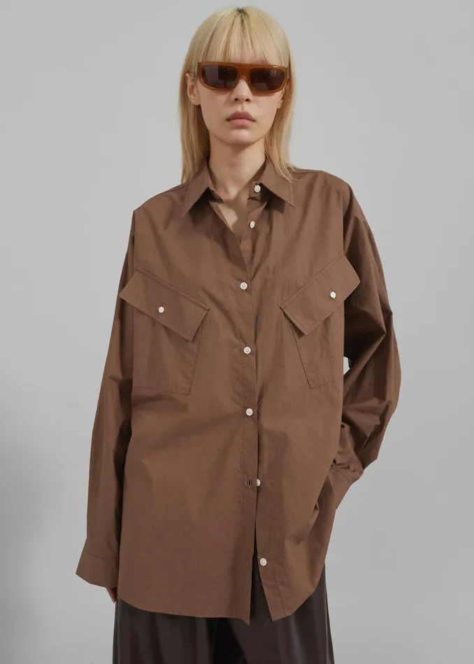 The Frankie Shop Tops Marin Button Up Utility Shirt 8211 Brown 8211 Women