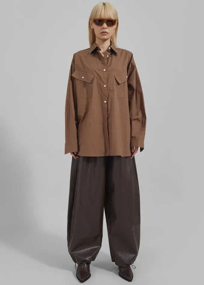 The Frankie Shop Tops Marin Button Up Utility Shirt 8211 Brown 8211 Women
