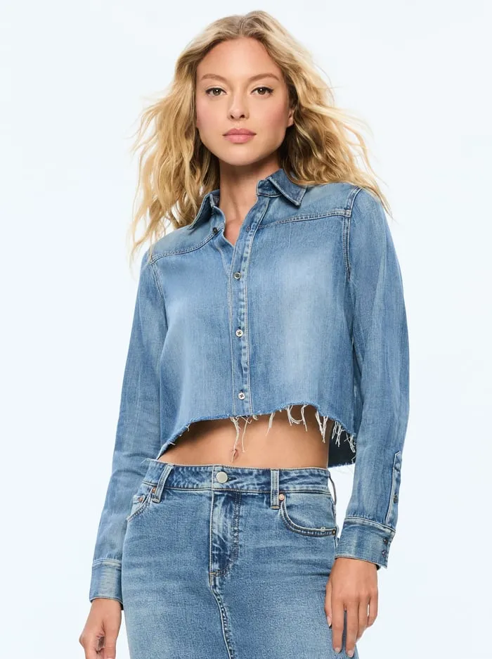 Tops Women Alice Olivia Finely Short Raw Hem Button Down With Western Detail Brooklyn Blue