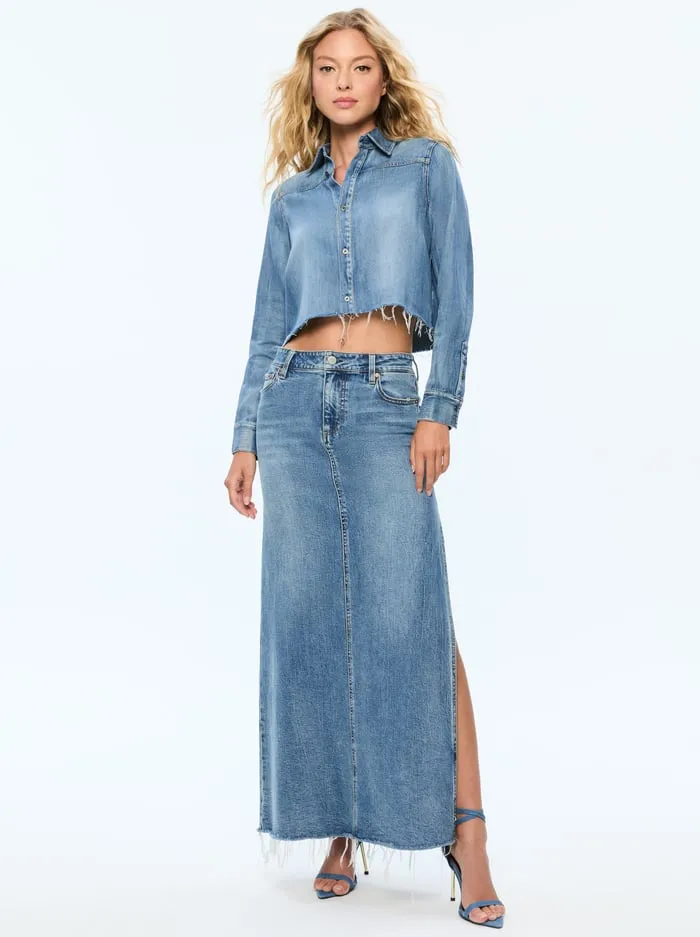 Tops Women Alice Olivia Finely Short Raw Hem Button Down With Western Detail Brooklyn Blue