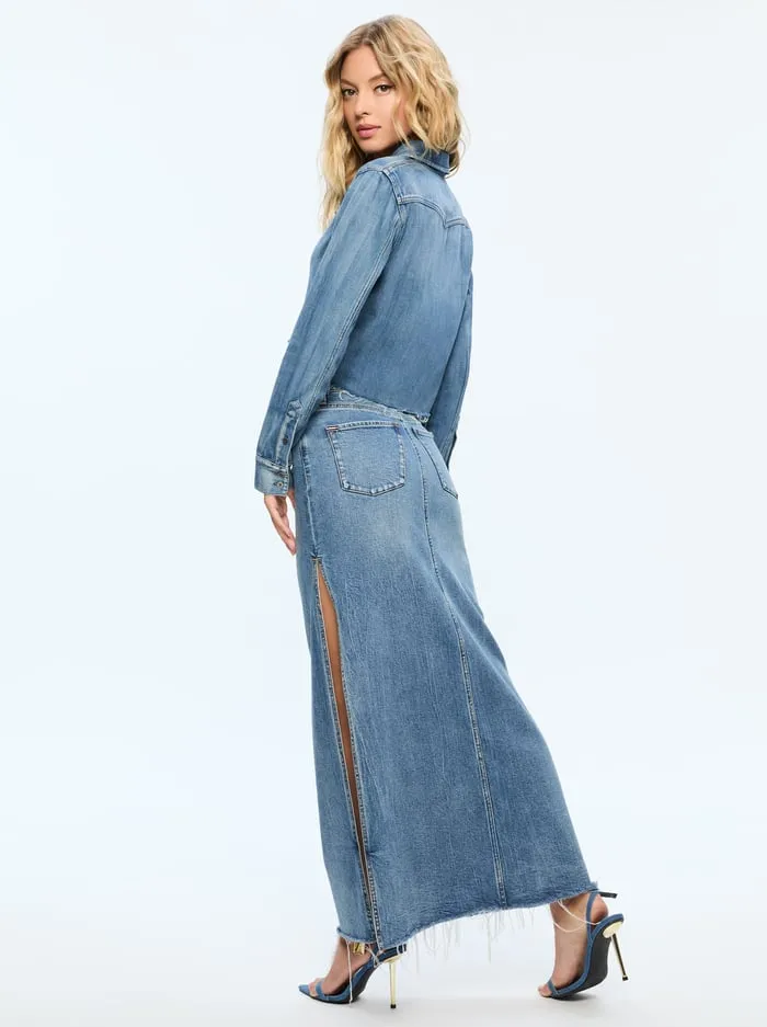 Tops Women Alice Olivia Finely Short Raw Hem Button Down With Western Detail Brooklyn Blue