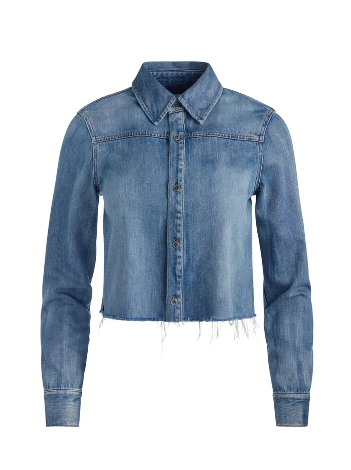 Tops Women Alice Olivia Finely Short Raw Hem Button Down With Western Detail Brooklyn Blue