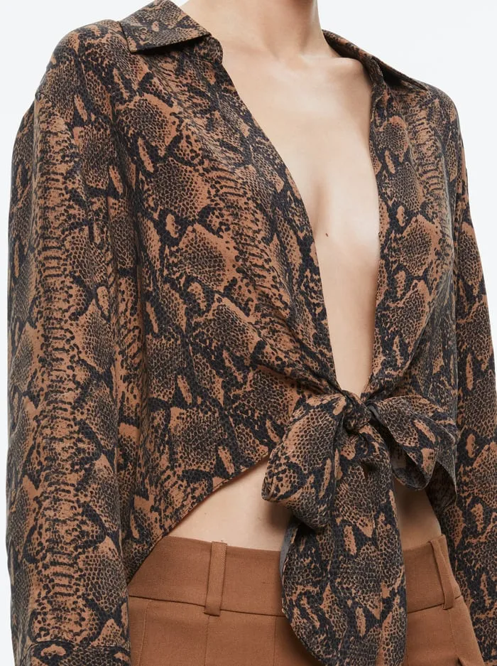 Tops Women Alice Olivia Hannon Tie Front Blouse Camelblack Snake Tops Women Alice Olivia Hannon Tie Front Blouse Camelblack Snake