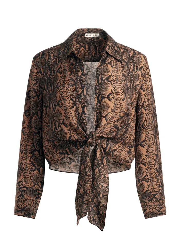 Tops Women Alice Olivia Hannon Tie Front Blouse Camelblack Snake Tops Women Alice Olivia Hannon Tie Front Blouse Camelblack Snake