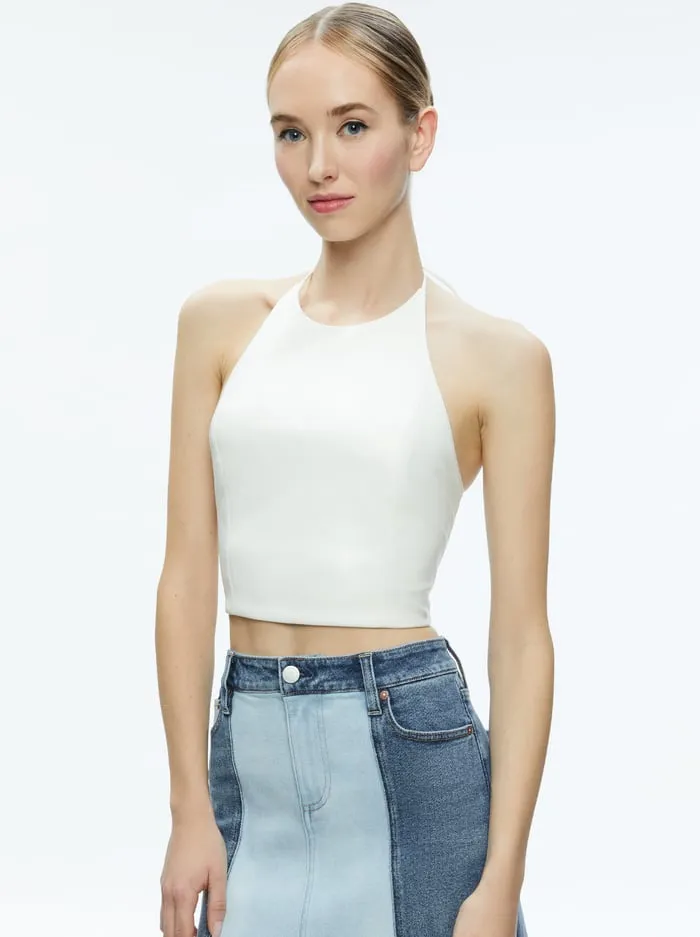 Tops Women Alice Olivia Jaymee Vegan Leather Cropped Halter Top Off White
