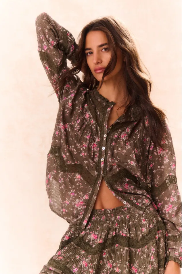 Tops Women LoveShackFancy Ravelle Floral Button Down Top Bancha Green