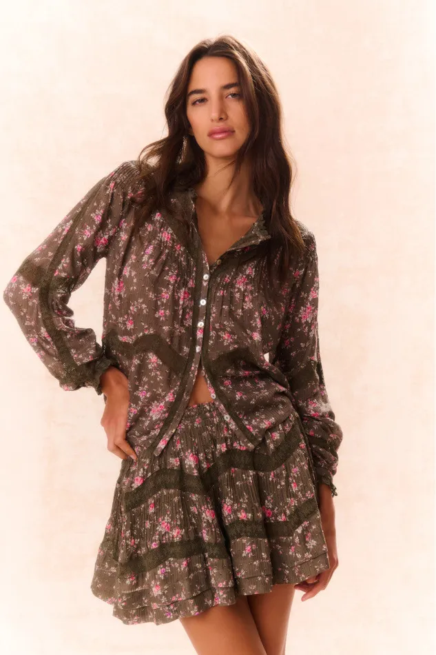 Tops Women LoveShackFancy Ravelle Floral Button Down Top Bancha Green