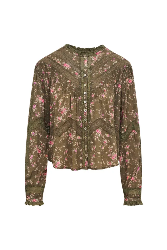 Tops Women LoveShackFancy Ravelle Floral Button Down Top Bancha Green
