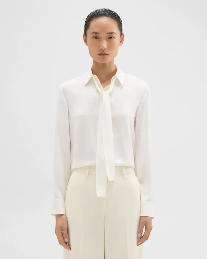 Tops Women Theory Tie Neck Blouse In Silk Georgette Ivory