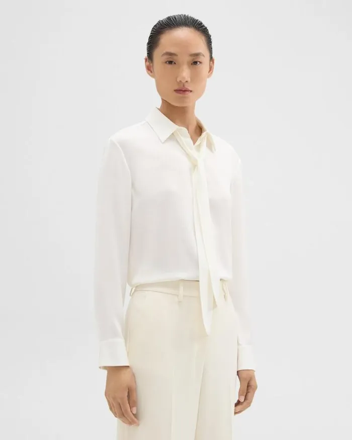Tops Women Theory Tie Neck Blouse In Silk Georgette Ivory