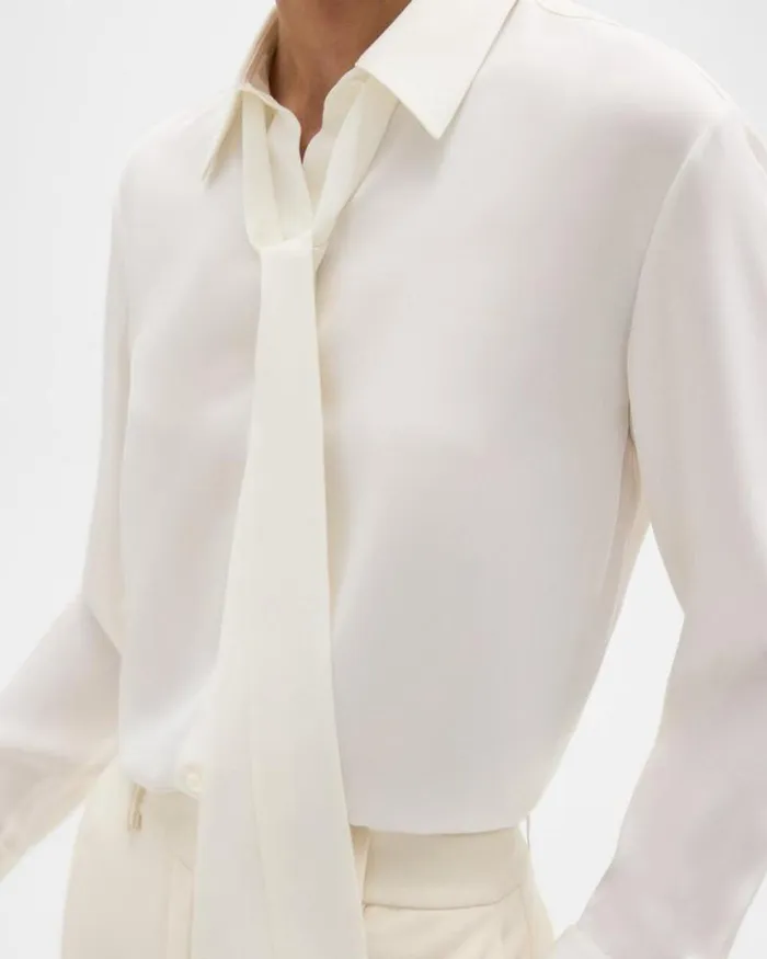 Tops Women Theory Tie Neck Blouse In Silk Georgette Ivory