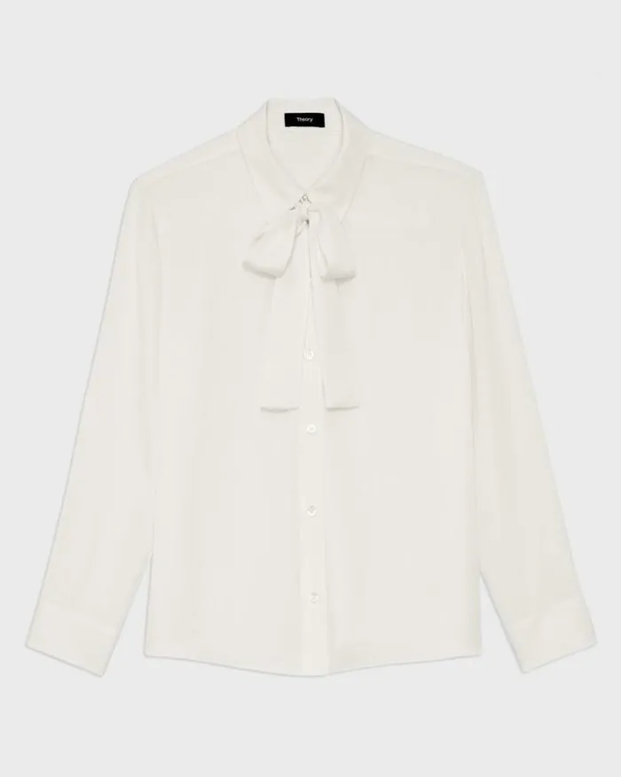 Tops Women Theory Tie Neck Blouse In Silk Georgette Ivory