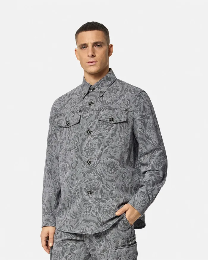 Versace Barocco Jacquard Gabardine Overshirt Gray Men Jackets and Coats