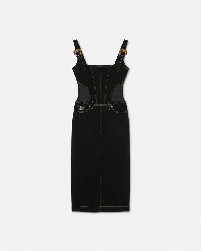 Versace Baroque Buckle Midi Denim Dress Black Women Jeans Couture