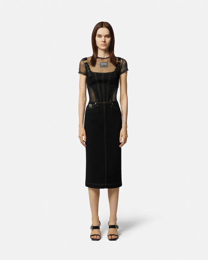 Versace Baroque Buckle Midi Denim Dress Black Women Jeans Couture