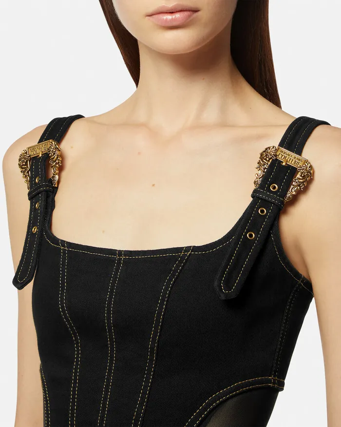 Versace Baroque Buckle Midi Denim Dress Black Women Jeans Couture