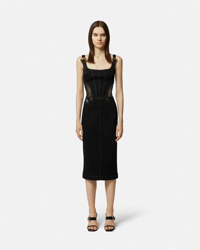 Versace Baroque Buckle Midi Denim Dress Black Women Jeans Couture