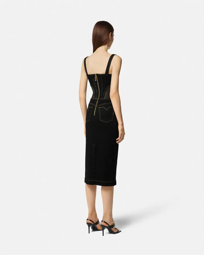 Versace Baroque Buckle Midi Denim Dress Black Women Jeans Couture
