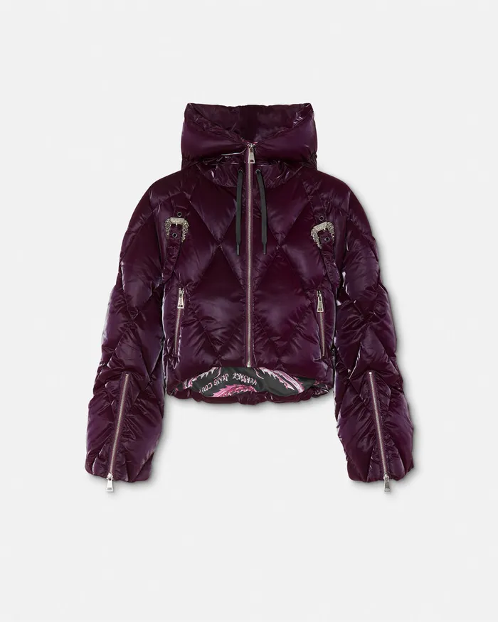 Versace Baroque Buckle Puffer Jacket Purple Women Jeans Couture