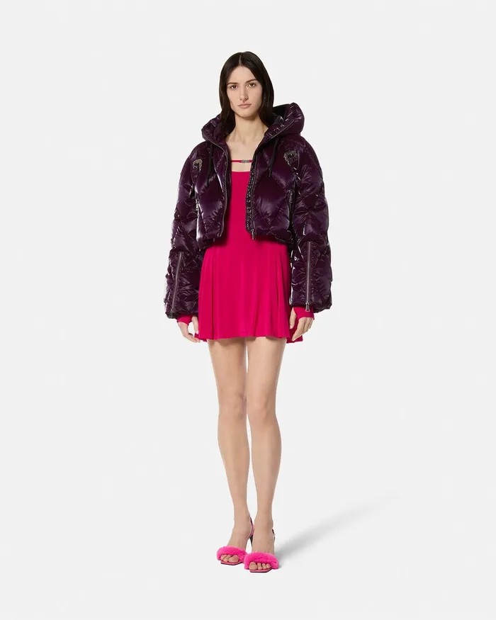 Versace Baroque Buckle Puffer Jacket Purple Women Jeans Couture