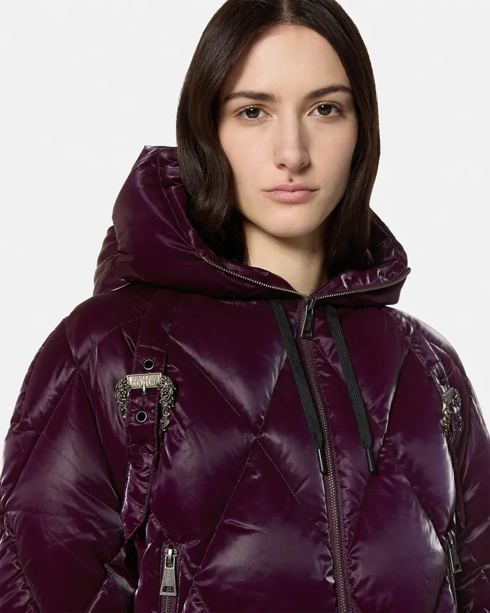 Versace Baroque Buckle Puffer Jacket Purple Women Jeans Couture