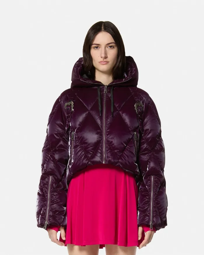 Versace Baroque Buckle Puffer Jacket Purple Women Jeans Couture