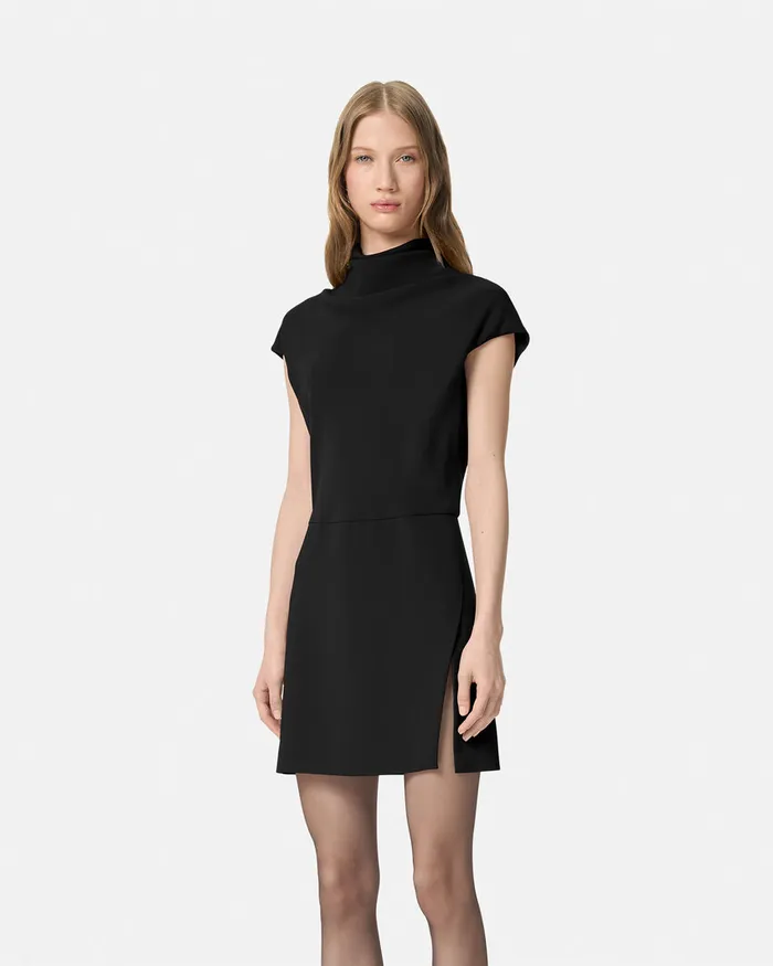 Versace Cady DrapedNeck Slit Mini Dress Black Women Dresses