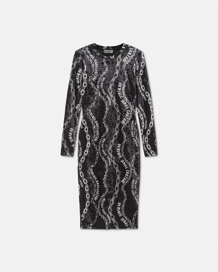 Versace Chain Couture Velvet Midi Dress Blackprint Women Jeans Couture