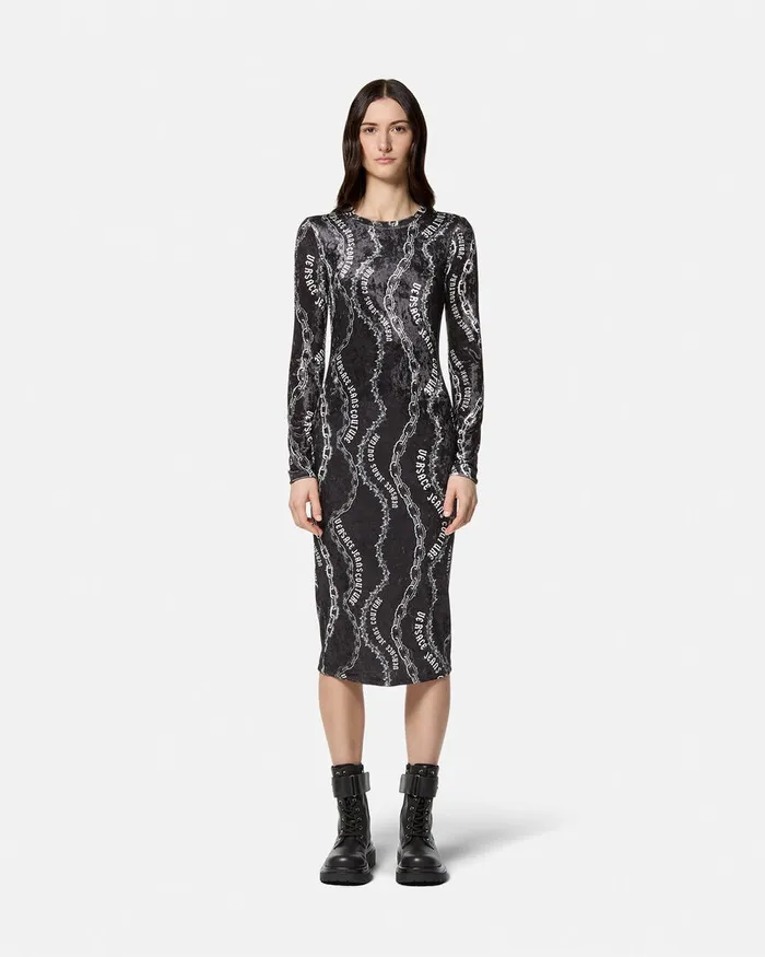 Versace Chain Couture Velvet Midi Dress Blackprint Women Jeans Couture
