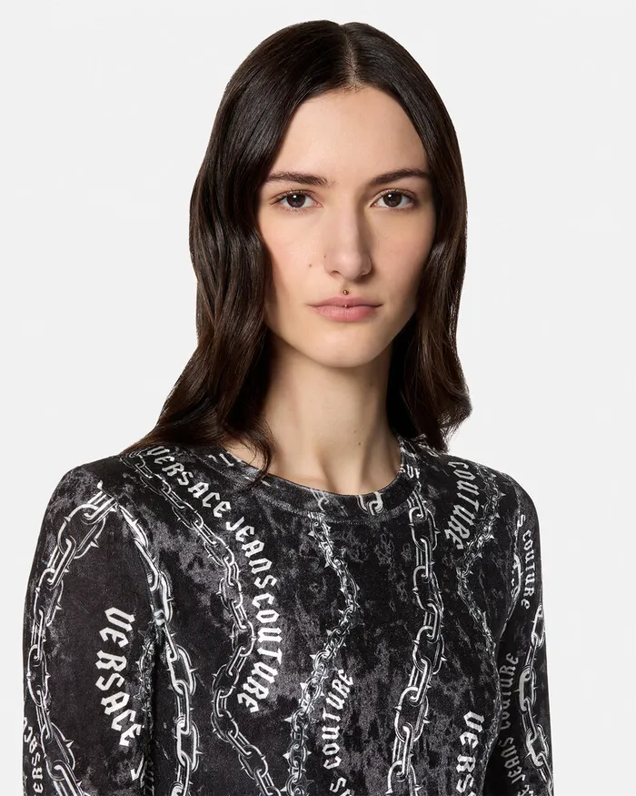 Versace Chain Couture Velvet Midi Dress Blackprint Women Jeans Couture