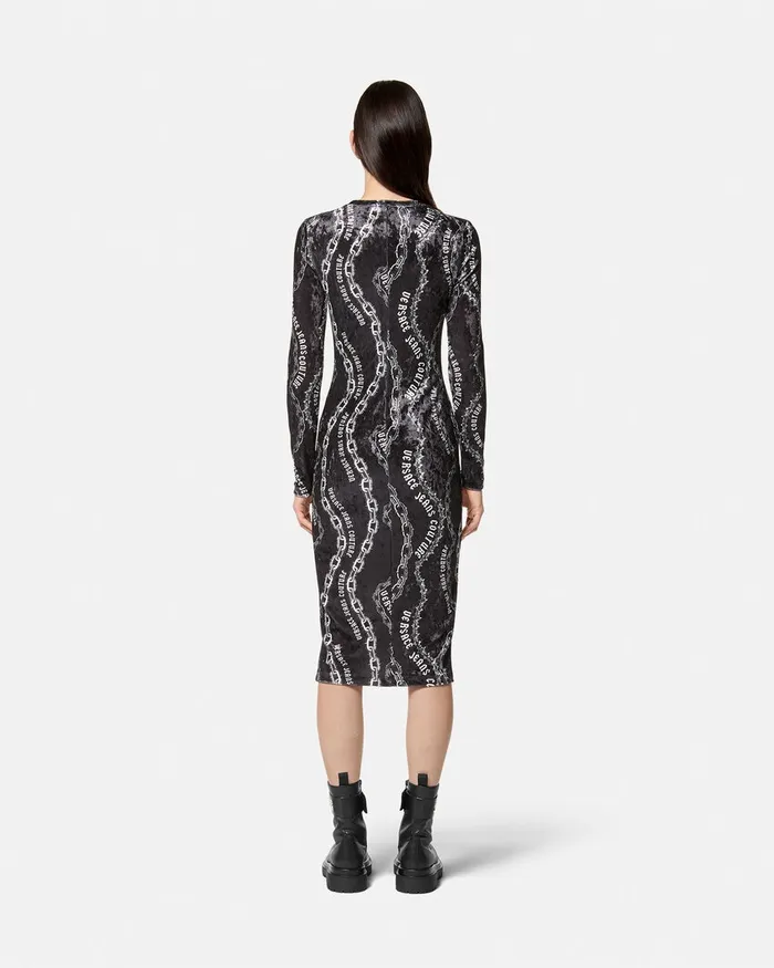 Versace Chain Couture Velvet Midi Dress Blackprint Women Jeans Couture