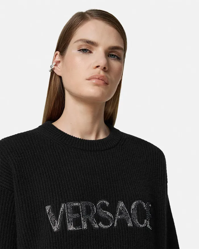 Versace Cielo Stellato Logo Cashmere Knit Sweater Black Women Knitwear