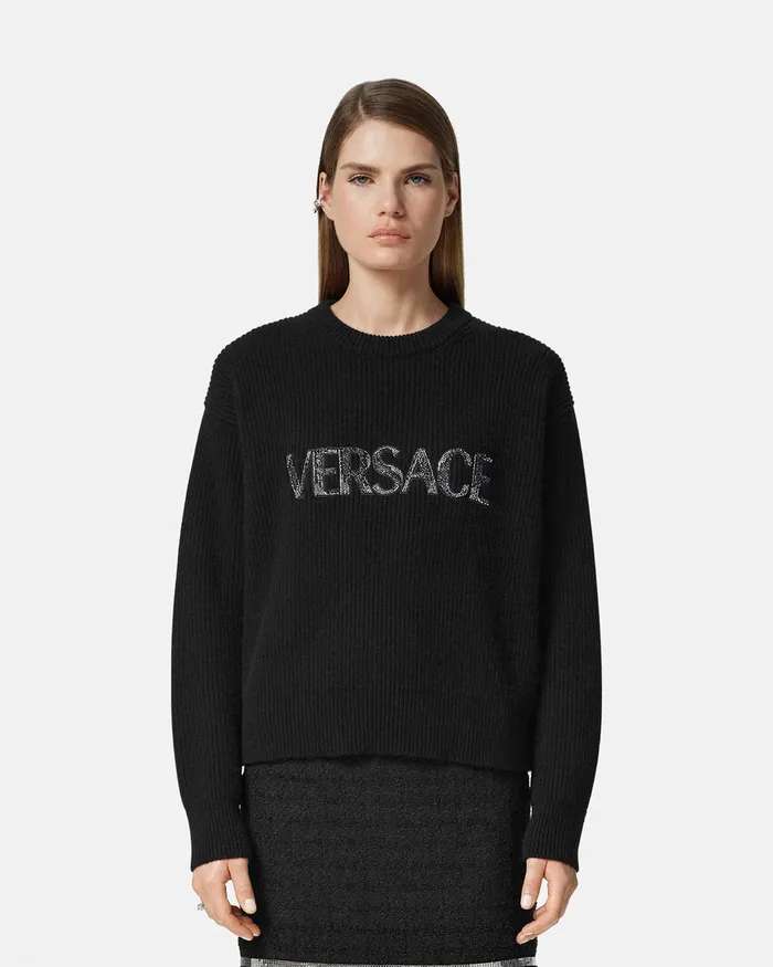 Versace Cielo Stellato Logo Cashmere Knit Sweater Black Women Knitwear