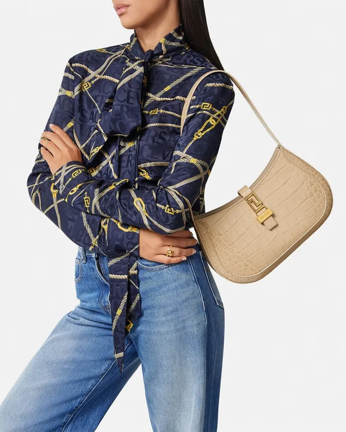 Versace CrocEffect Greca Goddess Hobo Bag Beige Women Greca Goddess