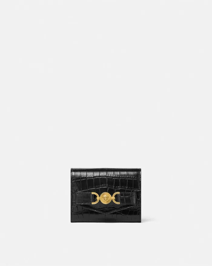 Versace CrocEffect Medusa 03995 Trifold Wallet Blackgold Women Wallets