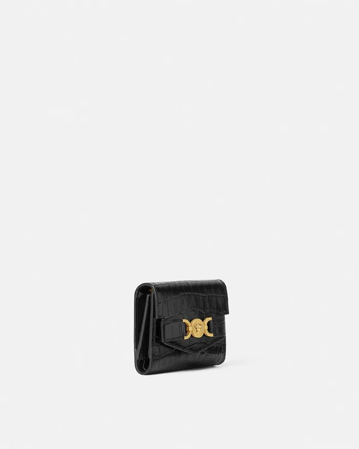 Versace CrocEffect Medusa 03995 Trifold Wallet Blackgold Women Wallets