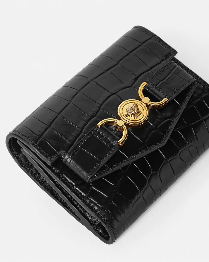 Versace CrocEffect Medusa 03995 Trifold Wallet Blackgold Women Wallets