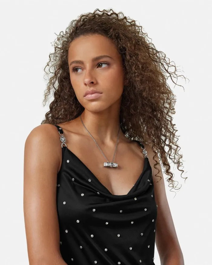 Versace Crystal Gianni Ribbon Pendant Necklace Silver Women Necklaces