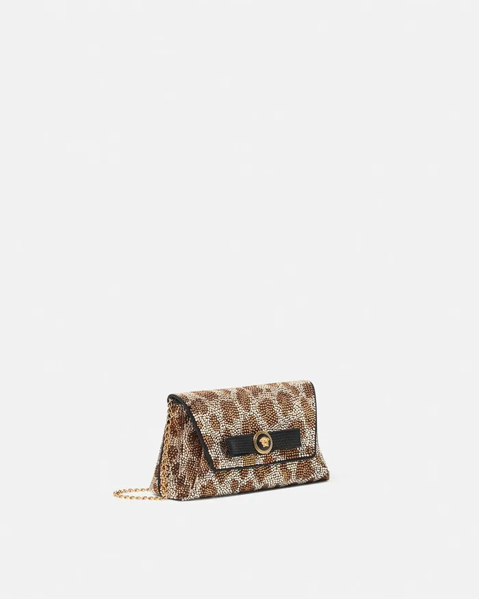 Versace Crystal Leopard Gianni Ribbon Clutch Blackgold Women Mini Bags and Clutches