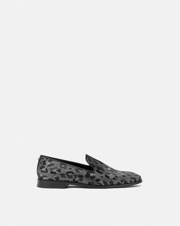 Versace Crystal Leopard Medusa Slippers Blacksilver Men Loafers and Slippers