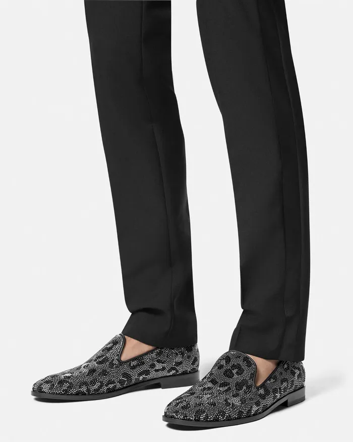 Versace Crystal Leopard Medusa Slippers Blacksilver Men Loafers and Slippers